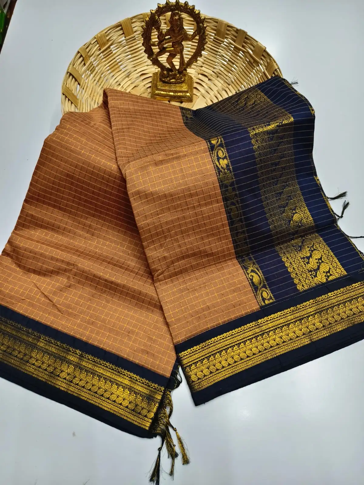 Caramel Navy Checked Floral Zari Cotton Saree